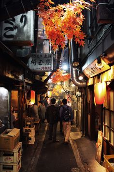 people are walking down an alley way in the city at night with lanterns hanging from the ceiling