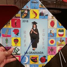 a graduation cap decorated with pictures and words