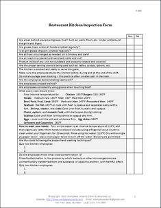 the restaurant kitchen inspection form is shown in this image, it shows that there are several items