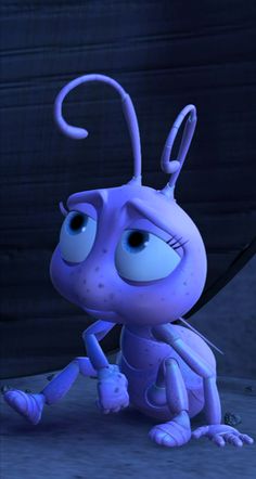 an animated character is sitting on the ground in front of a dark background and looks at something