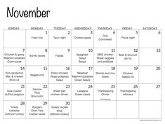 november calendar with the holidays in english and spanish, as well as dates for each month