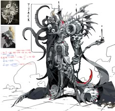 an artistic drawing of a demon with horns and claws on his head, standing in front of