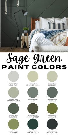 the sage green paint colors in this bedroom are great for an accent wall or ceiling