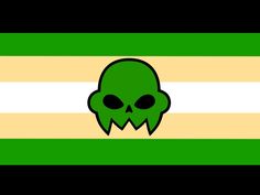 the flag with a green skull on it's face and two white stripes behind it