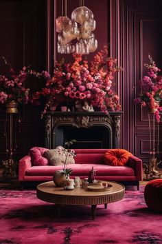 a living room with pink furniture and flowers in vases on the fireplace mantel