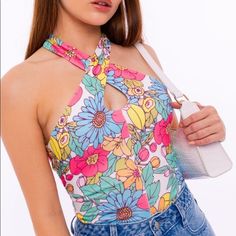 Super Cute Floral Bodysuit. Brand New. Trendy Spring Bodysuit With Lined Body, Trendy Spring Bodysuit, Spring One-piece Lined Bodysuit, Multicolor Stretch Halter Neck Bodysuit, Floral Print Bodysuit For Spring Party, Spring Floral Print Bodysuit For Party, Sleeveless Floral Print Bodysuit For Party, Fitted Sleeveless Bodysuit For Day Out, Pink Floral Print Bodysuit For Party