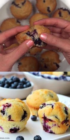 blueberry muffins are being held up by two hands and the other one is half eaten