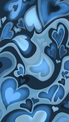 an abstract blue and black background with hearts on the left hand side, as well as several smaller heart - shaped shapes