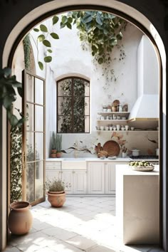 an archway leading into a kitchen with potted plants