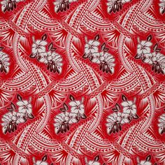 a red and white fabric with flowers on the front, in an intricate pattern design