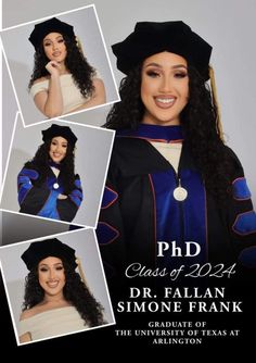 a woman in graduation gown and cap posing for a photo with other photos behind her