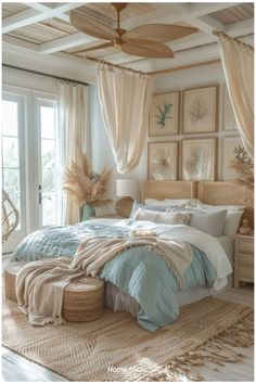 a large bed sitting in a bedroom next to a window with drapes on it