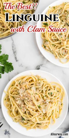 two plates of linguine with clam sauce and parsley on the side