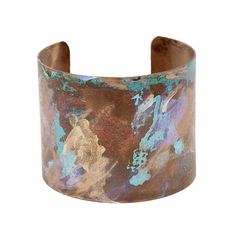 Adjustable 3" wide cuff - Patina with gold and bronze embossing and hand painting along with an iridescent shimmer (not easily seen in the photographs). This cuff really makes a statement and is adjustable to your arm, making it a very comfortable piece of jewelry to wear.