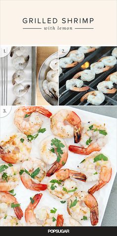 grilled shrimp with lemon and parsley garnishes on the grill top