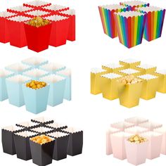 four different colored boxes with popcorn in them