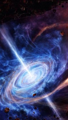 an artist's impression of a spiral galaxy in blue and purple with stars around it