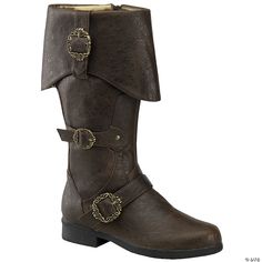 Just the finishing touch you need for your next adventurous pirate costume! Rugged adult distressed leather-look pirate boots are accented with faux-leather straps and cuffs and trimmed with octopus-design buckles! Features a full inner side zipper for easy on/off. Boots are water resistant and are easily cleaned and maintained. One-inch flat heel. Polyurethane. Brown Pirate Boots, Brown Buckle Boots, Medieval Boots, Pirate Boots, Costume Boots, Style Aesthetics, Rugged Boots, Costume Shoes, Mens Boots Fashion