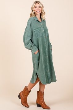 This midi-length shirt dress is crafted from lightweight cotton gauze woven fabric, featuring a stylish mineral wash for a relaxed, lived-in look. With a classic collared design and a button-down placket at the front, it offers a timeless silhouette. The drop shoulder and long sleeves with buttoned cuffs add to its laid-back charm. Chest pockets provide functionality, while invisible side pockets enhance convenience without compromising style. The shirttail hemline and relaxed fit make this dres Trendy Collection, Midi Shirt Dress, Local Boutique, Boutique Brands, Fall Dresses, Women's Tops, Bottoms Pants, Tote Handbags, Drop Shoulder