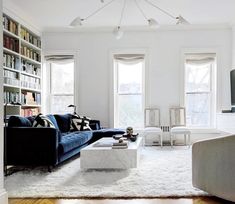 a living room filled with furniture and bookshelves