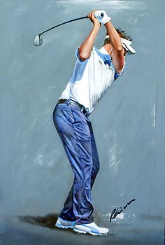 a painting of a man hitting a golf ball with a club in his hand and wearing blue pants