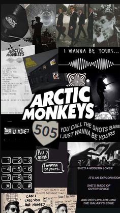 an advertisement for arctic monkeys with the band's name and pictures on it,