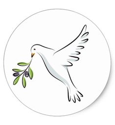 a white dove with an olive branch in its beak on a round sticker that says peace