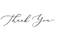 the word thank you written in cursive handwriting on a white background with black ink