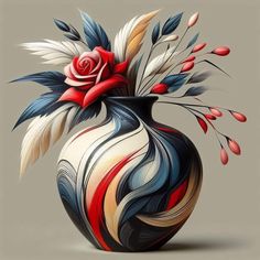 a painting of a flower in a vase with red, white, and blue flowers