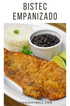 an enchilada with black beans and rice on a white plate next to a small bowl of salsa