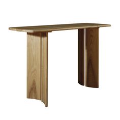 a wooden table with two legs and a long slab at the top, on a white background