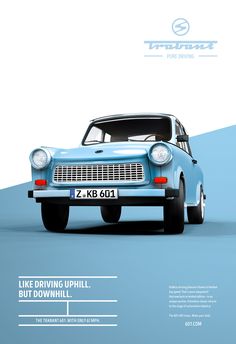 an old blue car is shown in this advertisement