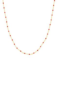 Colorful enamel droplets decorate a delicate chain necklace to elevate your street-style. 18" length with 2" extension Spring ring clasp Goldtone plate/enamel Imported Trendy Enamel Necklace With Adjustable Chain, Gift Red Beaded Chain Necklace, Red Beaded Chain Necklace Gift, Red Beaded Chain Necklace For Gift, Trendy Red Jewelry With Adjustable Chain, Trendy Red Chain Necklace For Gift, Trendy Red Beaded Chain Jewelry, Trendy Red Adjustable Chain Necklace, Trendy Red Jewelry With Chain