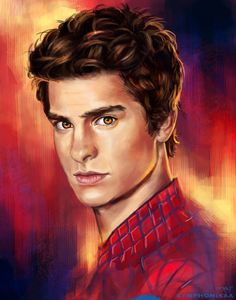 a painting of spider - man with blue eyes and brown hair, wearing a red shirt