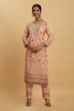 Peach kurta featuring thread embroidered floral vine motifs, embellished by sequins, mirror and crystals. Comes with embroidered pant and dupatta. - Aza Fashions Kurta Pant Set, Embroidered Pants, Kurta With Pants, Floral Vine, Pants Pattern, Pant Set, Raw Silk, Set For Women, Aza Fashion