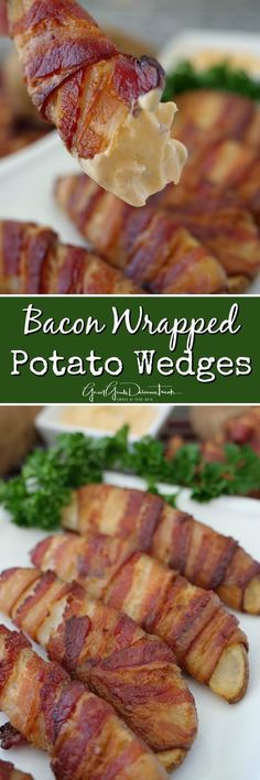 bacon wrapped potato wedges on a white plate