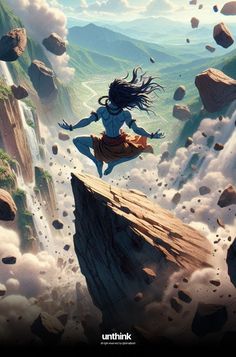 a woman flying through the air while standing on top of a cliff