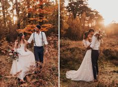 a bride and groom standing in the woods at sunset