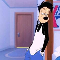 an animated cartoon character leaning on a pole in a room with a pepsi cola sign