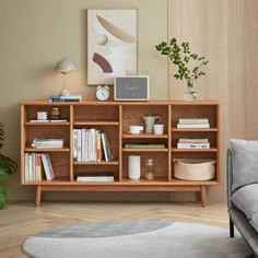 a living room scene with focus on the bookshelf