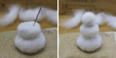 two pictures of the same snowman made out of wool and cotton balls, one is white