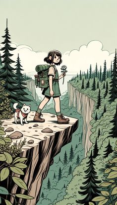 a woman with a backpack is standing on a cliff above the forest and looking at her dog