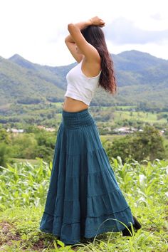 All items are shipped by Thailand Post .Free upgrade to D.H.L. Express when you buy 2 items or more. The USA only Please leave a phone number with orders . This lovely Boho long skirt is made from 100% cotton soft and very comfortable .The skirt is in three tiers and has a full elastic waist band . A great piece to wear with a tight or cropped top . Its is very comfy to wear and easy to care for just wash cold cycle hang to dry or tumble dry low . Waist 24'' inches - 48'' inches Hips 54'' inches Colorful Long Skirt Outfit, Teal Skirt Outfit, Long Colorful Skirt, Long Flowy Skirts, Boho Long Skirt, Long Boho Skirt, Girls Long Skirts, Teal Skirt, Modest Skirt