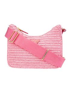 Prada Messenger BagPink RaffiaColorblock PatternEnameled Metal TriangleGold-Tone HardwareSaffiano Leather TrimSingle Adjustable Shoulder StrapLeather Trim EmbellishmentLogo Jacquard LiningZip Closure at TopIncludes Clochette Prada Crochet Bag Pink, Pink Sparkly Prada Bag, Hobo Handbags, Prada, Women Handbags, Trim, Handbags, Leather, Pink