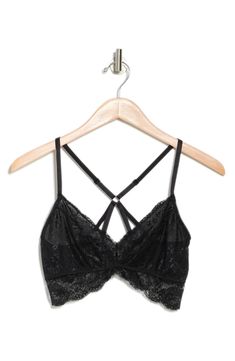 Delicate lace plays up the romantic charm on this soft cup bralette that features a strappy cross-back that will support you completely. 90% nylon, 10% spandex
 Machine wash cold, lay flat to dry Imported Fitted Bra With Crisscross Cross Back Straps, Fitted Cross Back Bra With Crisscross Straps, Cross Back Bra With Crisscross Straps, Lace Camisole Bra With Adjustable Straps, Fitted Cross-back Bra, Cross Back Bra With Straps, Stretch Lace Bra With Adjustable Straps, Black Bra With Strappy Back, Black Strappy Back Bra