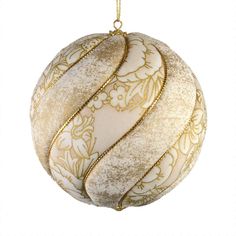 a white and gold ornament hanging from a chain