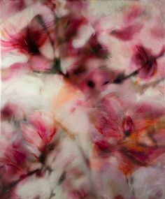 an abstract painting of pink flowers on a white background