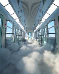 the inside of a train with its doors open and some clouds in the foreground