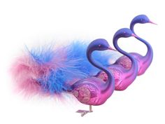 three purple and blue birds with pink feathers