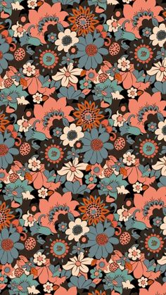 an abstract floral pattern with many different colors and sizes on black, pink, blue, orange